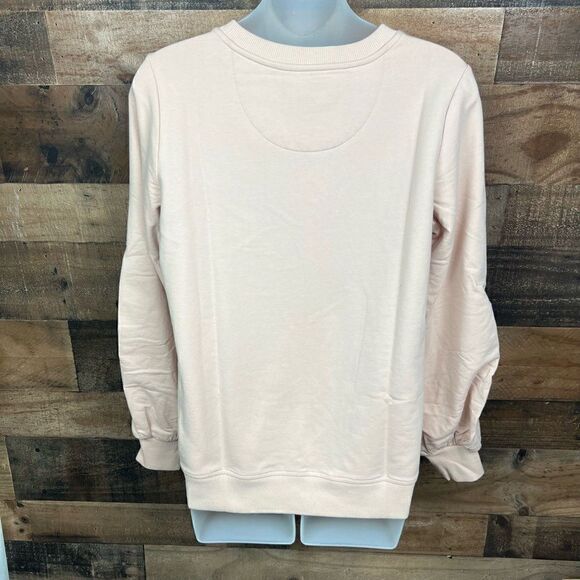 Calvin Klein Sweatshirt Crew Neck Blush Pink Tan Gathered Sleeves CK Logo XS - Picture 15 of 16
